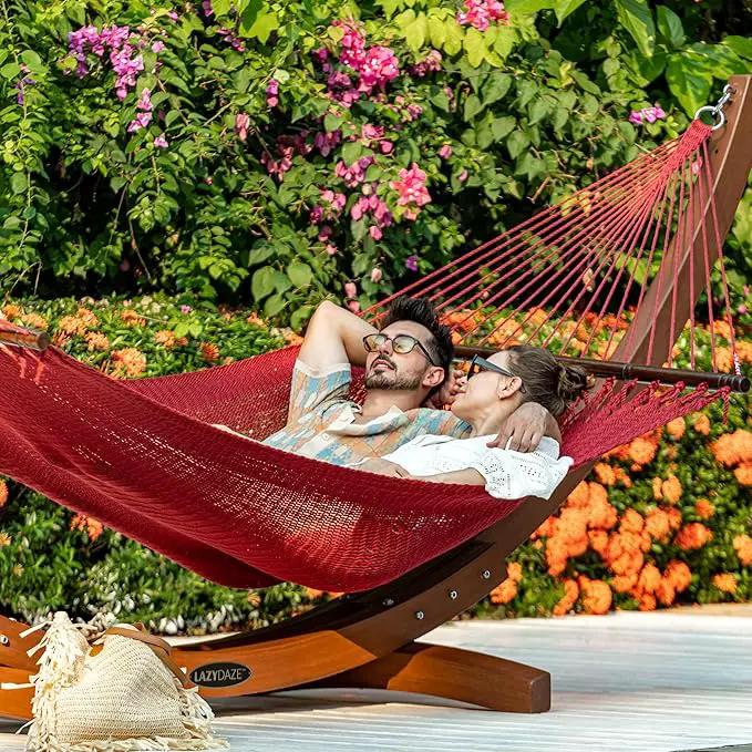 Lazy Daze Hammocks 10.5 FT Double 2 Person Caribbean Rope Hammock, Hand Woven Polyester Hammock with Spreader Bars, for Outside Outdoor Backyard Patio Poolside,450 LBS Capacity,Red by GreenHaven Gardens