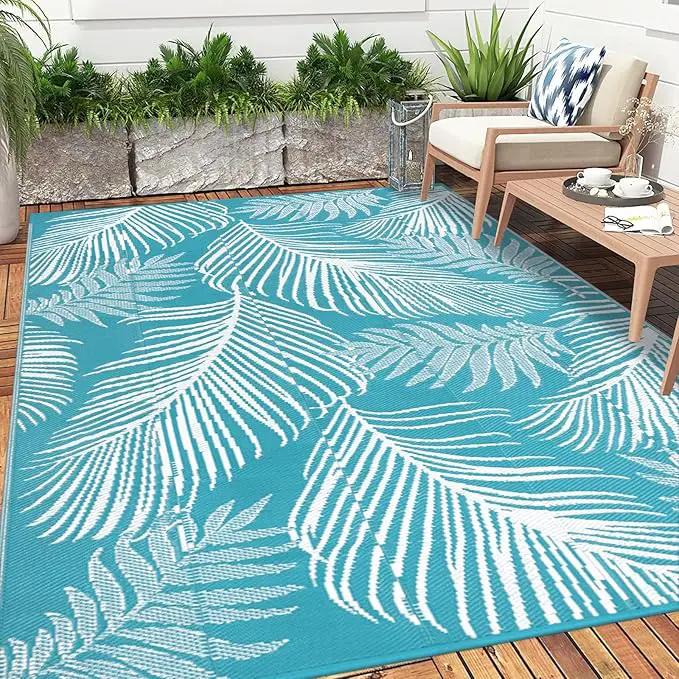 Pauwer Waterproof Outdoor Rug 9x12, Reversible Plastic Straw Patio Camping Rug, Indoor Outdoor RV Mat Carpet for Deck, Camper, Porch, Balcony, Backyard, Picnic, Leaf Teal by GreenHaven Gardens