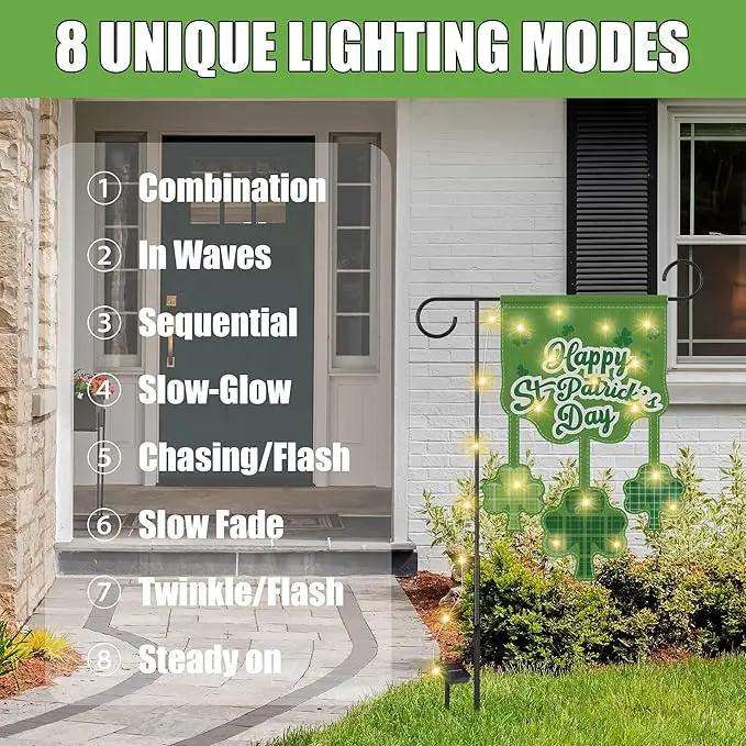 3 Set Seasonal Garden Flags with 8 Modes Solar LED Double Sided 12 x 18 Inch Small Yard Flags Outdoor Lighted Welcome Spring Easter St. Patrick's Day Clover Garden Decor for All Seasons by GreenHaven Gardens