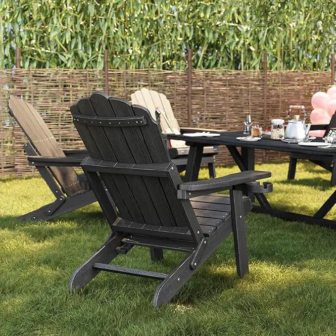 Folding Adirondack Chair with Retractable Ottoman Fire Pit Patio Chair with Adjustable Backrest, 2 Cup Holder Weather Resistant Outdoor, Patio, Lawn, Garden, Backyard Deck, Fire Pit, Black by GreenHaven Gardens