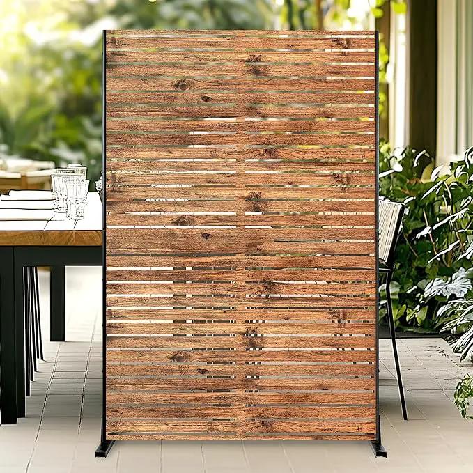 Metal Privacy Screen, 72" H×47" W Outdoor Privacy Screen, Freestanding Decorative Privacy Screen for Deck Balcony Patio, Natural Wood Brown by GreenHaven Gardens