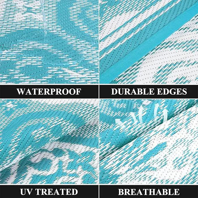 Pauwer Waterproof Outdoor Rug 9x12, Reversible Plastic Straw Patio Camping Rug, Indoor Outdoor RV Mat Carpet for Deck, Camper, Porch, Balcony, Backyard, Picnic, Clover Teal by GreenHaven Gardens