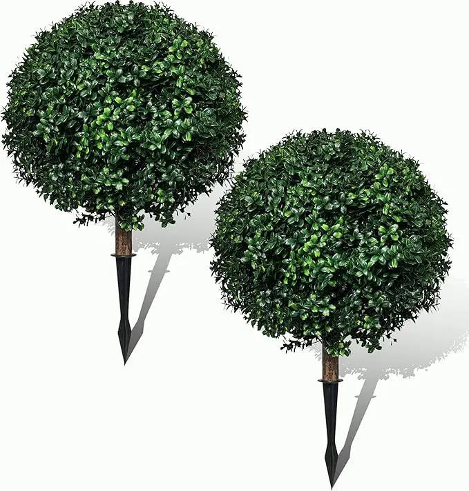 Artificial Boxwood Topiary Ball Tree Outdoor Set of 2,Artificial Boxwood Plants with Ground Spike,Faux Shrubs Fake Evergreen Tree UV Resistant,Diameter 17" by GreenHaven Gardens