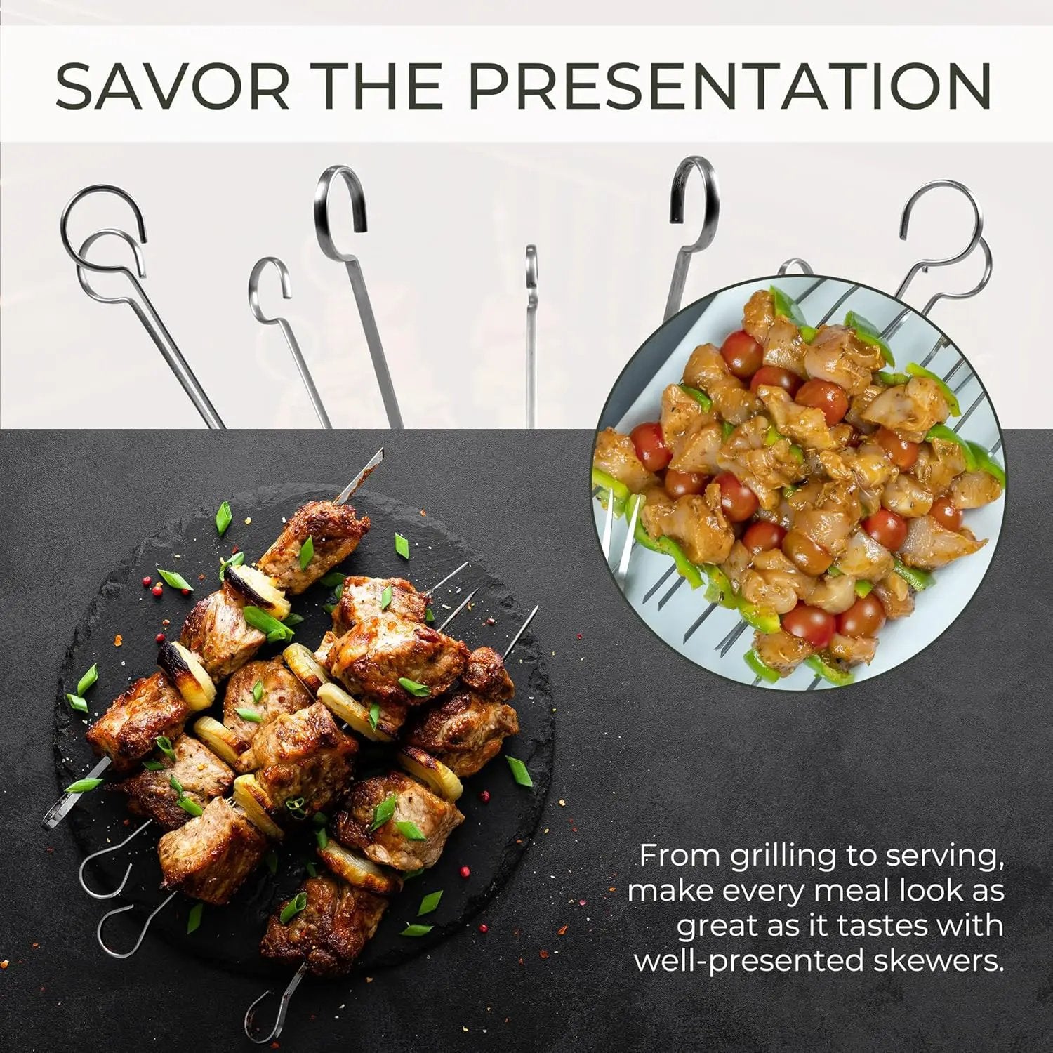 O-Yaki Flat Metal Kabob Skewer for Grilling – Set of 8 BBQ Skewers Stainless Steel with Storage Bag, Dishwasher Safe Skewers with Hook Handle & Sharp Tip for BBQ, Cookouts & Oven Use – 12 Inch by GreenHaven Gardens