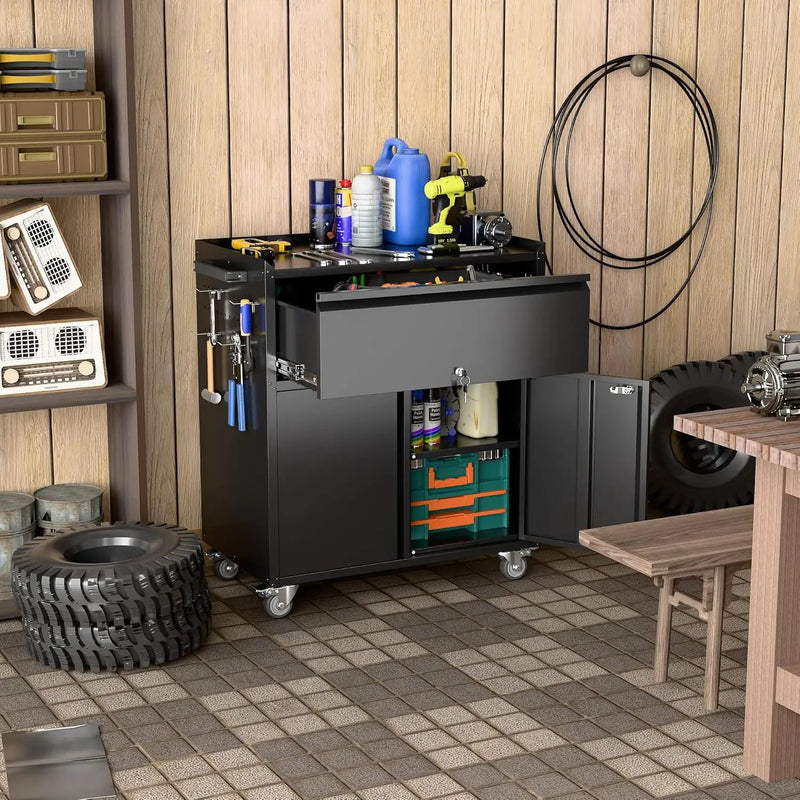 Metal Garage Storage Cabinet with Wheels and Pegboard, 35.4" H Lockable Tool Storage Cabinet with One Drawer, Adjustable Shelf and 4 Hooks for Garage, Warehouse, Black by GreenHaven Gardens