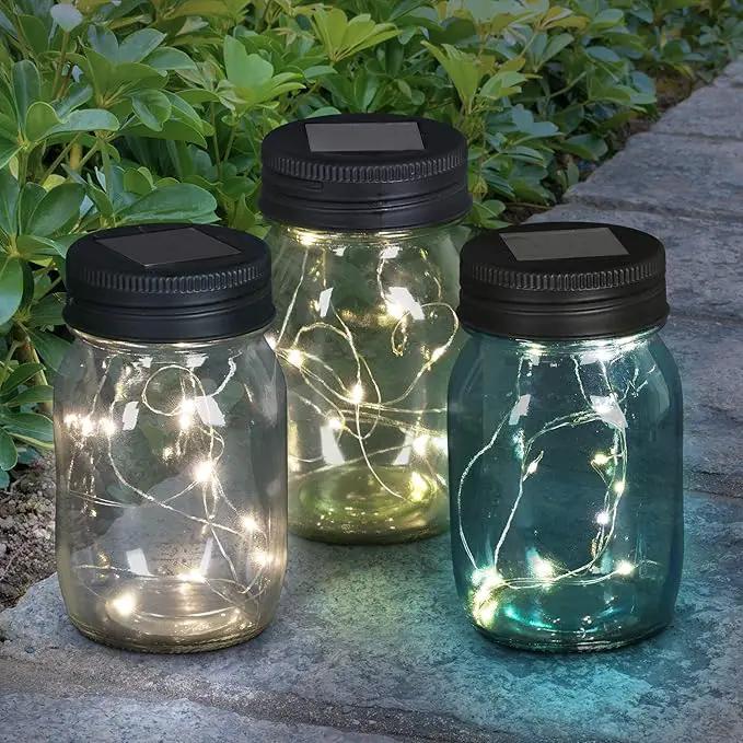 Exhart Solar Mason Jars, Set of 3 Glass Outdoor Garden Lanterns with Lids, 12 LED Firefly Lights, Lawn and Yard Decorations, 3.5 x 5.5 Inch by GreenHaven Gardens