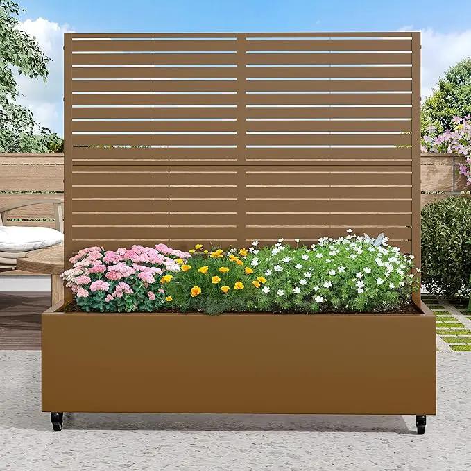 Casaphoria Metal Raised Garden Bed with Trellis and Wheels, 47"x47"x16" Planter Box for Climbing Plants, Vegetables & Vines, Features Drainage Holes and Privacy Screen (Brown-Louvered) by GreenHaven Gardens