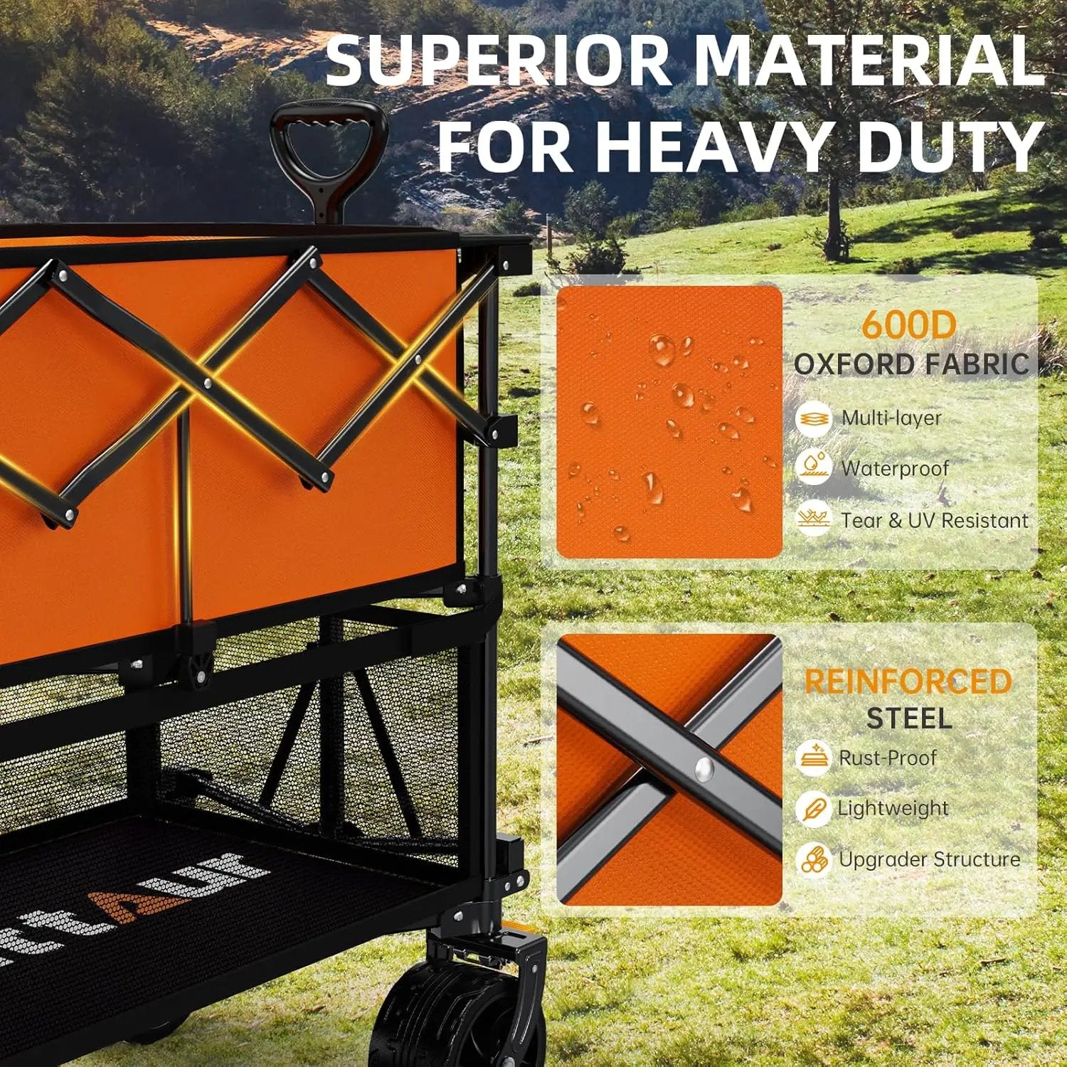 Foldable 50''L Extra Long Double Decker Wagon for Sport, 400L Collapsible Heavy Duty Wagon Cart with Big Wheels, Utility All-Terrain Large Extender Cart for Outdoors, Orange by GreenHaven Gardens