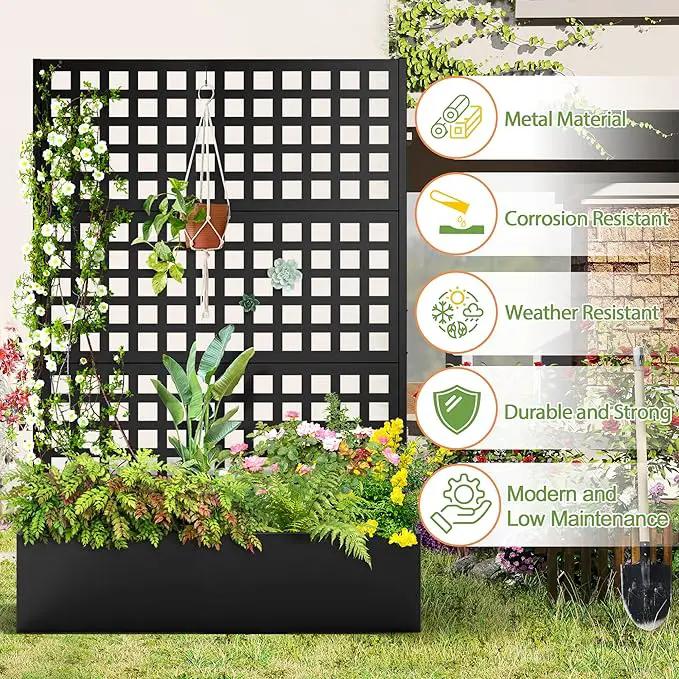 Metal Raised Garden Bed, Trellis Planters Bed with Drainage Holes for Climbing Plants, Vegetables Outdoor Privacy Screen with Planter Box 73"x47"x16", Black by GreenHaven Gardens