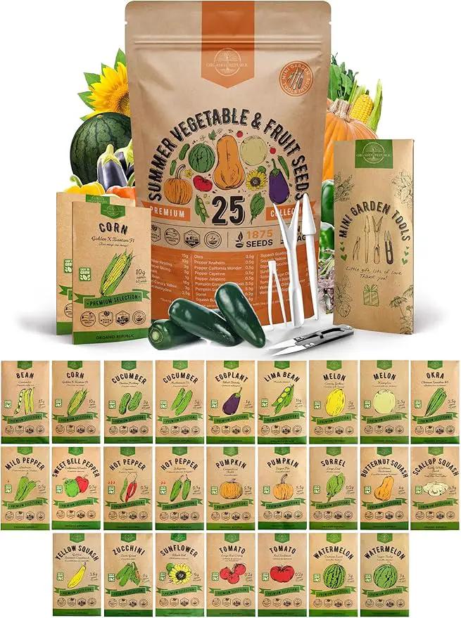 25 Summer Vegetable & Fruit Seeds Variety Pack - 1,870+ Non-GMO Heirloom Veggie & Fruits Seeds for Outdoors and Indoor Home Gardening, Including Collards, Tomato, Pepper, Okra, Onion, Bean, Cucumber by GreenHaven Gardens