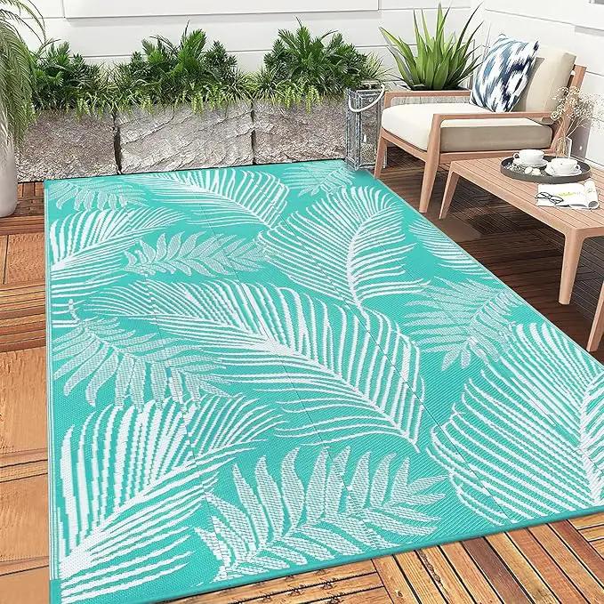 Pauwer Waterproof Outdoor Rug 8x10, Reversible Plastic Straw Patio Camping Rug, Indoor Outdoor RV Mat Carpet for Deck, Camper, Porch, Balcony, Backyard, Picnic, Leaf Light Blue by GreenHaven Gardens
