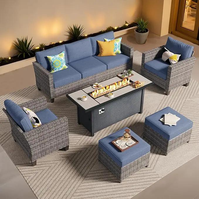 ovios 6 Pieces Patio Furniture Set with 54" Fire Pit Table, Outdoor Wicker Sofa with Comfy Cushions, All Weather High Back Rattan Couch Conversation Set, Denim Blue by GreenHaven Gardens