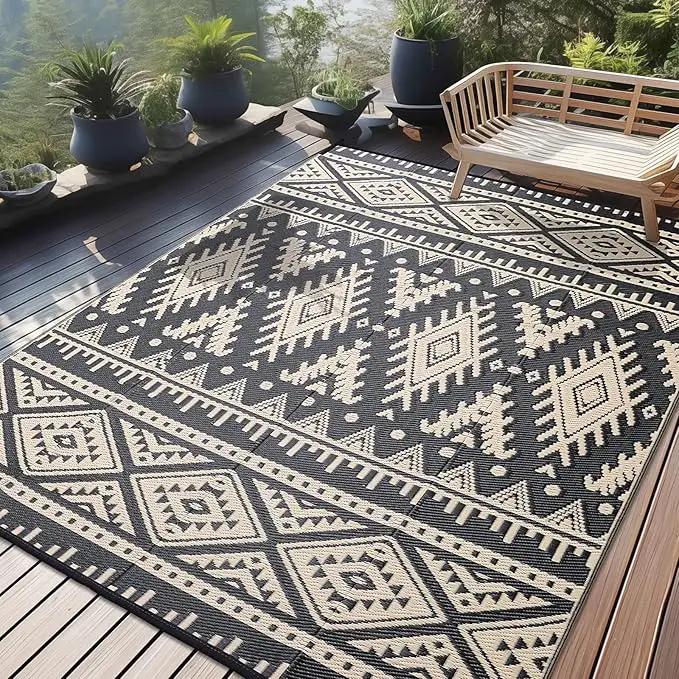 OLANLY Outdoor Rug Waterproof 9x18 ft, Reversible Outdoor Plastic Straw Rug, Boho Patio Rug, Indoor Outdoor Carpet, RV Mat Outside for Patio, Camp, Picnic, Balcony, Deck, Backyard, Black & Beige by GreenHaven Gardens