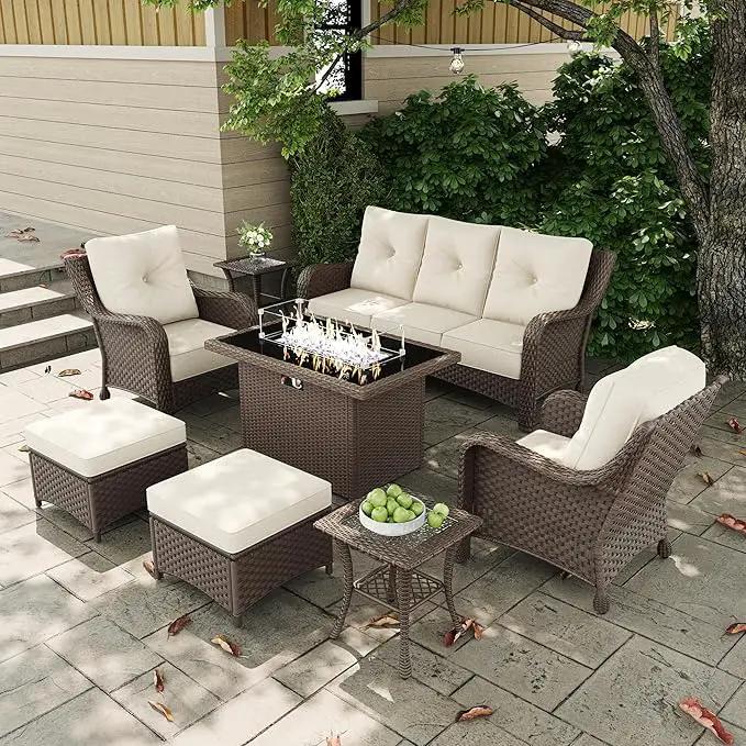 7 Pieces Outdoor Patio Furniture Sets with Single Chairs with 6-inch Thick Cushion and Fire Pit Table for Deck Lawn by GreenHaven Gardens