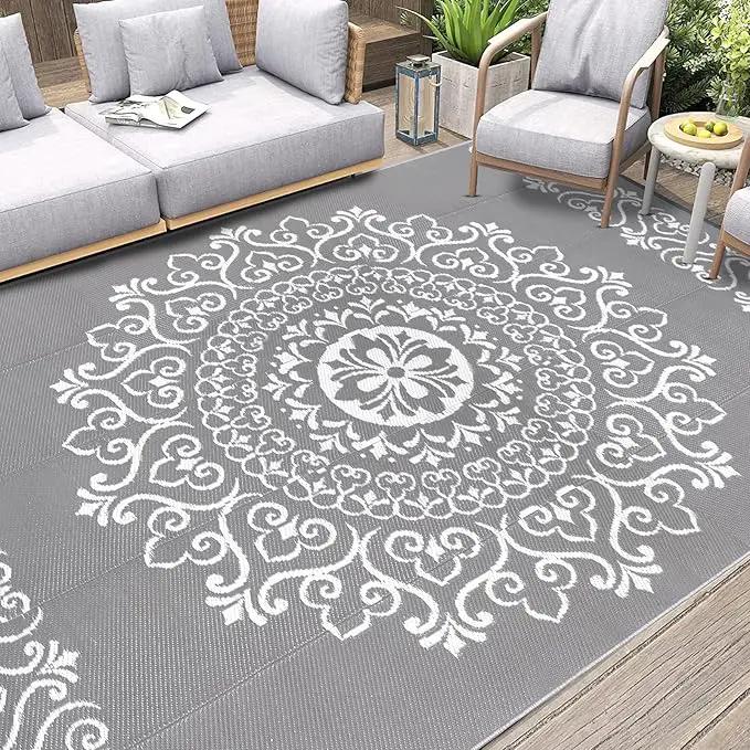 Pauwer Waterproof Outdoor Rug 6x9, Reversible Plastic Straw Patio Camping Rug, Indoor Outdoor RV Mat Carpet for Deck, Camper, Porch, Balcony, Backyard, Picnic, Floral Grey by GreenHaven Gardens