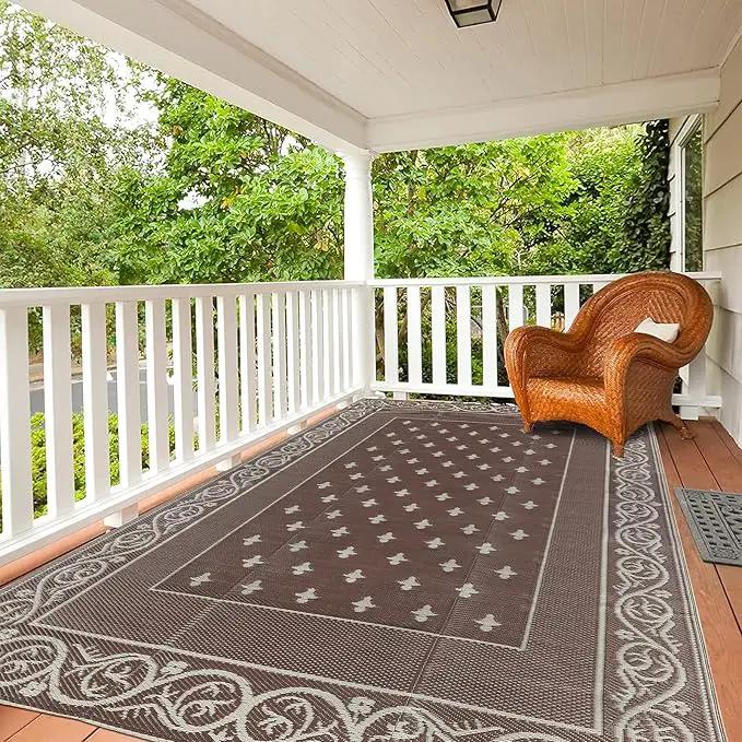 Pauwer Waterproof Outdoor Rug 6x9, Reversible Plastic Straw Patio Camping Rug, Indoor Outdoor RV Mat Carpet for Deck, Camper, Porch, Balcony, Backyard, Picnic, Bordered Brown by GreenHaven Gardens