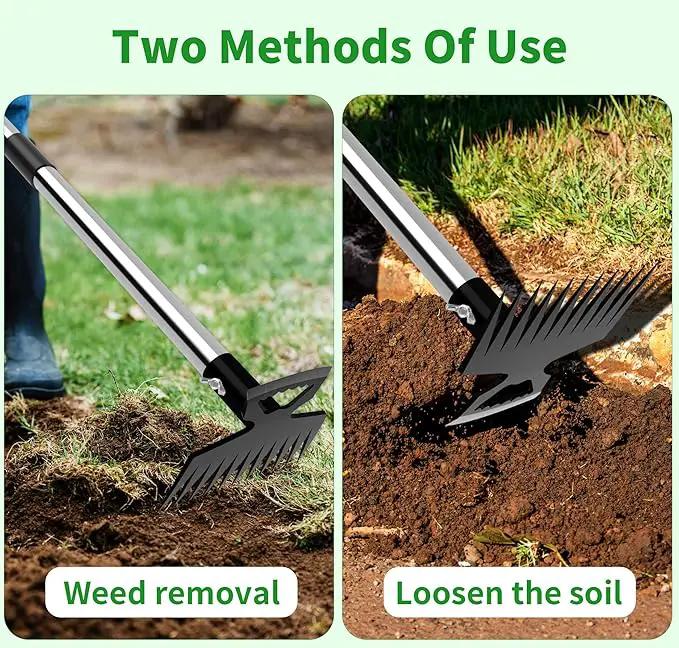 Weeding Puller Tool with Long Handle, 11 Tooth Manual Weed Rake Weeder Remover Tool Gardening with Gloves, Dandelion Gardenia Uprooting Tool for Yard, Lawn, Patio and Garden by GreenHaven Gardens