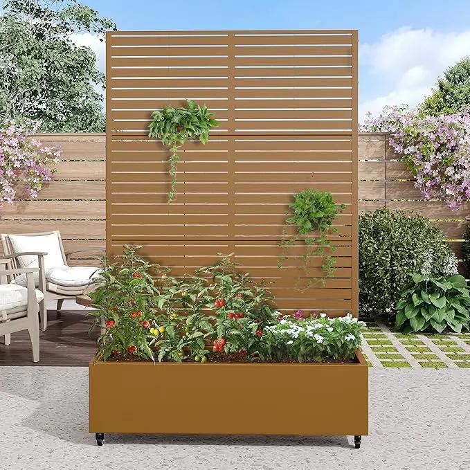Casaphoria Metal Raised Garden Bed with Trellis and Wheels, 72"x47"x16" Planter Box for Climbing Plants, Vegetables & Vines, Features Drainage Holes and Privacy Screen (Brown-Louvered) by GreenHaven Gardens