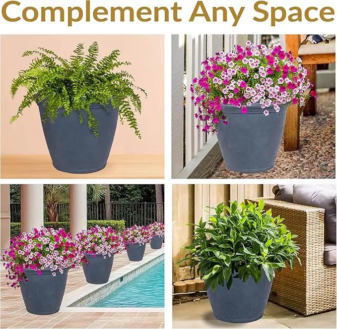 Sunnydaze 24-Inch Anjelica Large Plastic Pot for Plants - Outdoor Polyresin Round Planter with Drillable Drainage Holes - Slate by GreenHaven Gardens