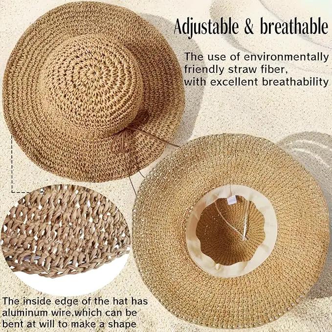 Womens Straw Beach Sun Hats, Foldable Packable Floppy Handmade Crochet Hats for Women,Large Summer Vacation Wide Brim Hat by GreenHaven Gardens