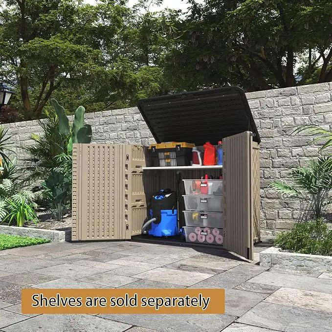 HOMSPARK Storage Shed Weather Resistance, Multi-Purpose Outdoor Storage Cabinet for Backyards and Patios, Horizontal Storage Shed for Lawnmower, Patio Accessories (Coffee, Large - 26 cu.ft) by GreenHaven Gardens