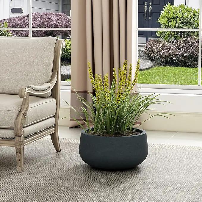 Kante 19.6" Dia Round Concrete Planter, Cement Plant Pots with Drainage Hole and Rubber Plug for Outdoor Indoor Garden Home, Modern Curvaceous Design, Dark Gray by GreenHaven Gardens