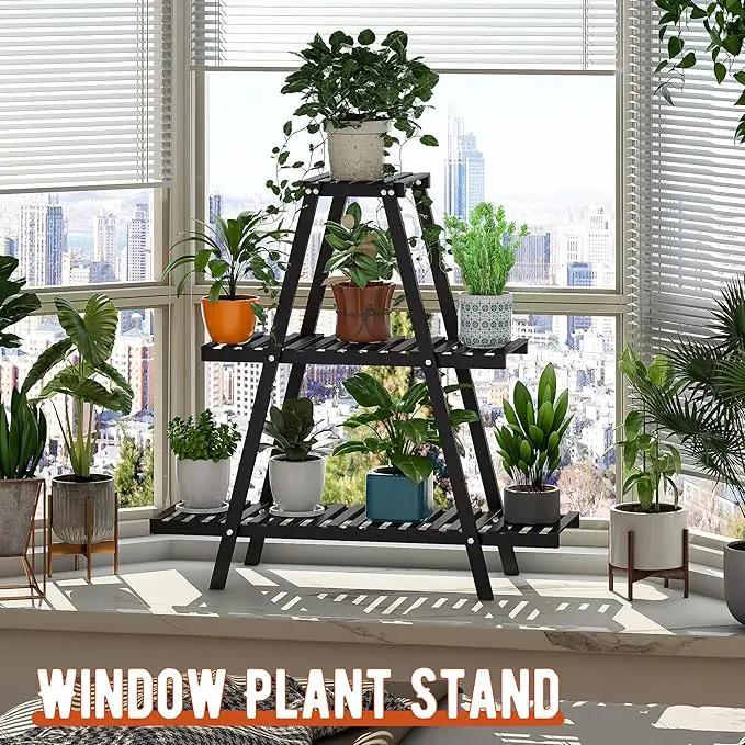 Plant Stand Indoor Plant Shelf Outdoor bamboo Plant Rack, 3 Tiers Ladder Plant Holder Flower Stand for Living Room Balcony Garden Patio,Living Room Boho Home Decor for Gardening Gifts (Black) by GreenHaven Gardens