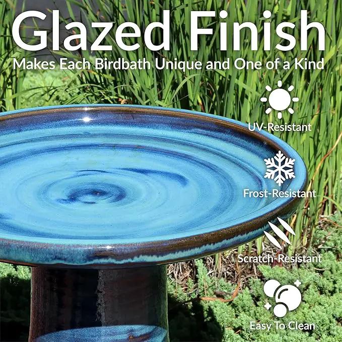 Sunnydaze 21" H Ceramic Bird Bath for Outside - Hand-Painted Outdoor Bird Bath Bowl, UV/Frost-Resistant Finish - Galaxy Blue - Classic Pedestal by GreenHaven Gardens