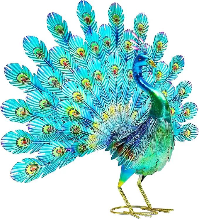 27.5" Tall Metal Peacock Garden Statue - Handmade, 3D Textured, Tail Spread Sculptures for Patio, Garden or Entryway. by GreenHaven Gardens