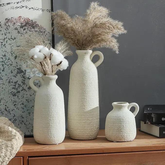 Ceramic Vase Set of 3 with Handle, Neutral Rustic Vases Home Decor Farmhouse Decorative Vase Whitewashed Pottery Decor Modern for Table Mantel Entryway Bookshelf Living Room Kitchen Bedroom - White by GreenHaven Gardens