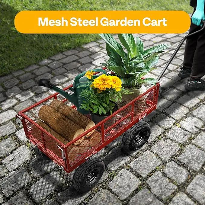 VIVOHOME Heavy Duty 880 Lbs Capacity Mesh Steel Garden Cart Folding Utility Wagon with Removable Sides and 4.10/3.50-4" Wheels 10 inch Tire(Red) by GreenHaven Gardens