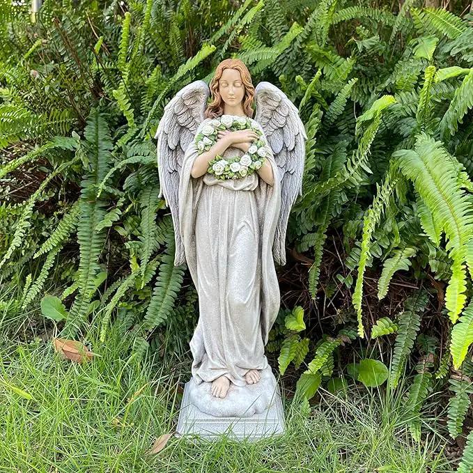 Garden Angel with Flower Wreath Statue - 16" Outdoor Memorial Angel Decor by GreenHaven Gardens
