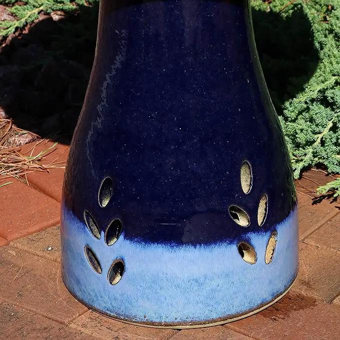 Sunnydaze 21" H Ceramic Bird Bath for Outside - Hand-Painted Outdoor Bird Bath Bowl, UV/Frost-Resistant Finish - Dark Blue - Cut Out Pedestal by GreenHaven Gardens