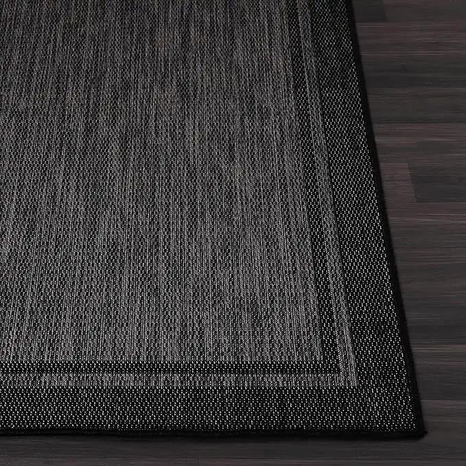 CAMILSON Indoor Outdoor Rug, 9x12 Bordered Dark Grey Black Modern Large Area Rugs for Indoor and Outdoor Patios, Kitchen and Hallway Mats, Washable Porch Deck Outside Carpet (Bordered Black, 9 x 12) by GreenHaven Gardens