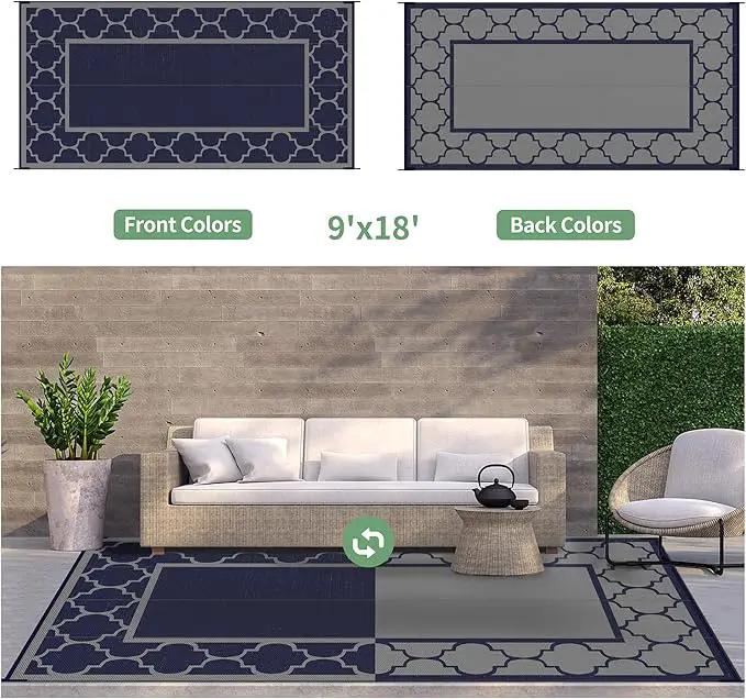 GENIMO 9 ' x 18 ' Outdoor Rug Waterproof for Patio Decor, Foldable Reversible Plastic Straw Area Rugs Mat for Camper, Outside Carpet for Rv, Deck, Porch, Picnic, Beach, Balcony, Blue & Grey by GreenHaven Gardens