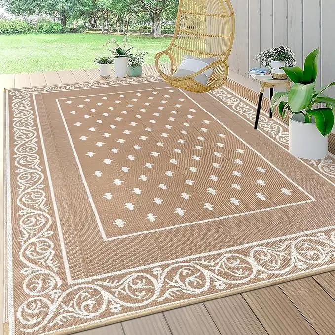 Pauwer Waterproof Outdoor Rug 8x10, Reversible Plastic Straw Patio Camping Rug, Indoor Outdoor RV Mat Carpet for Deck, Camper, Porch, Balcony, Backyard, Picnic, Bordered Beige by GreenHaven Gardens