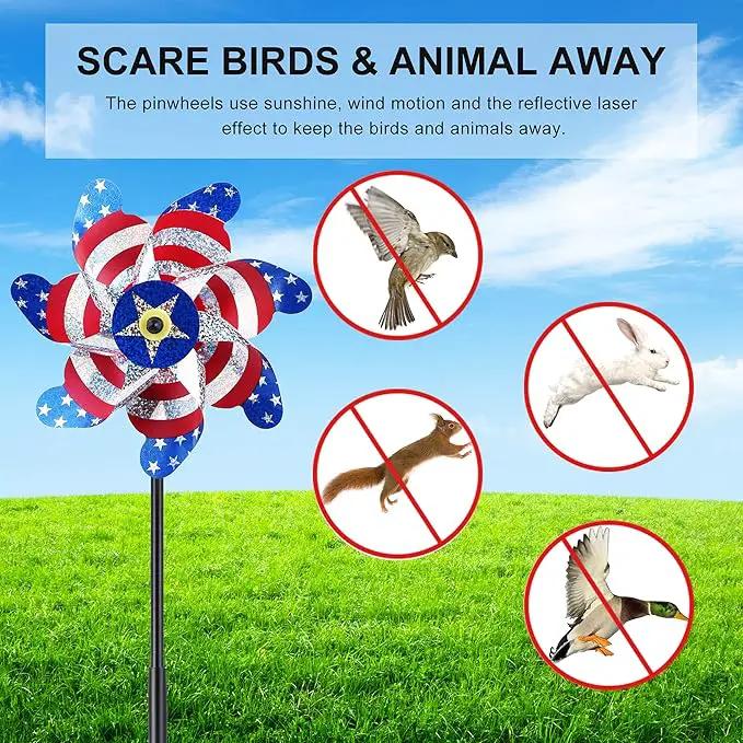BATTIFE 10 Packs Patriotic Sparkly Reflective Pinwheels for Yard and Garden, American Flags Blinding Birds Pin Wheel Scare Birds & Animal Away, Wind Spinner for 4th of July by GreenHaven Gardens