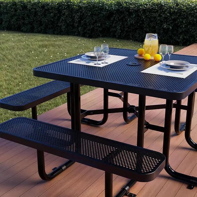 Metal Picnic Tables for Outdoors with Umbrella Hole - Coated Steel Heavy Duty Commercial Grade Table with Adjustable Seats (Black, 46 in, Square, Punched Steel) by GreenHaven Gardens