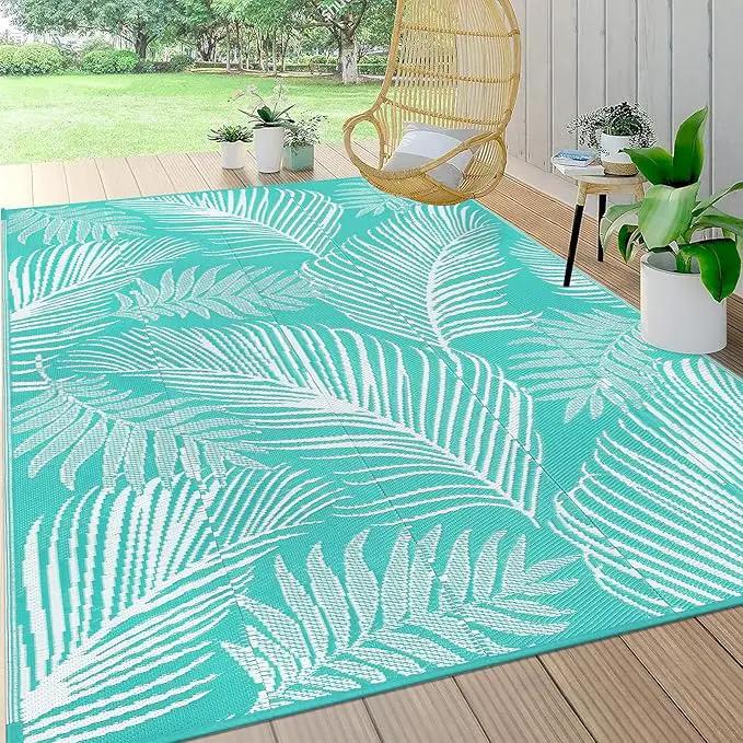 Pauwer Waterproof Outdoor Rug 8x10, Reversible Plastic Straw Patio Camping Rug, Indoor Outdoor RV Mat Carpet for Deck, Camper, Porch, Balcony, Backyard, Picnic, Leaf Light Blue by GreenHaven Gardens
