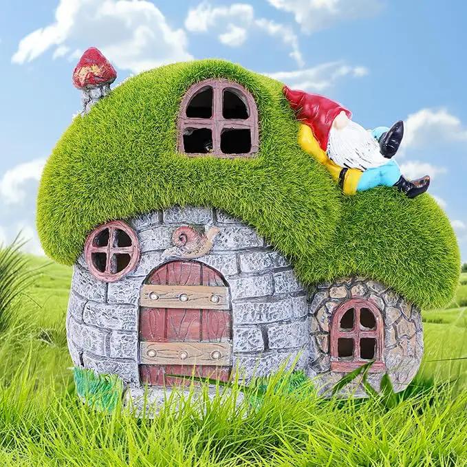 ILLUMINEW House Garden Statues with Solar Lights, LED Cute Flocked Fairy House with Gnomes Garden Figurine, Outdoor Patio Yard Lawn Decorations Gift
