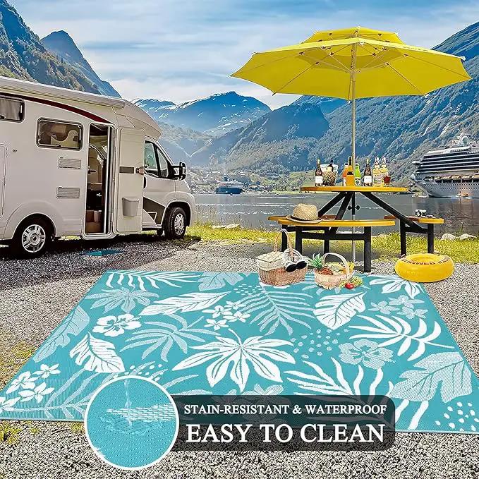 Pauwer Waterproof Outdoor Rug 8x10, Reversible Plastic Straw Patio Camping Rug, Indoor Outdoor RV Mat Carpet for Deck, Camper, Porch, Balcony, Backyard, Picnic, Floral Teal by GreenHaven Gardens