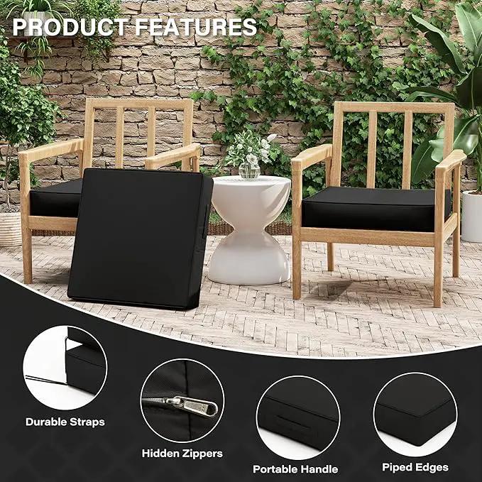 Patio Chair Cushions 22 X 22 X 4 Inch Waterproof Outdoor Seat Cushions for Patio Furniture, Outdoor Sofa Couch Pads with Ties & Handle, Set of 2, Black by GreenHaven Gardens