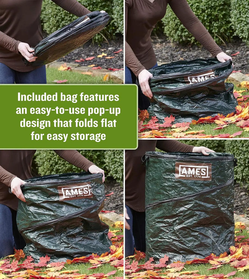 AMES Leaf Scoops Hand Rake Set with Collapsible Pop-Up Garden Waste Bag for Collecting Leaves, Mulch and Debris by GreenHaven Gardens