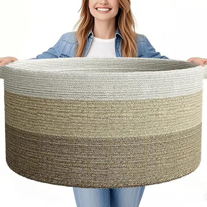 125L Extra Large Blanket Basket, 25" x 16", Jumbo Laundry Woven Basket Decorative Home, Cotton Rope Basket with Handles, Baby Toy Basket for Storage, Gradual Brown by GreenHaven Gardens