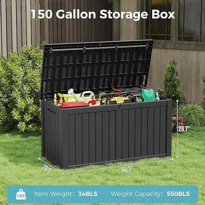 NUNU LAB 150 Gallon Outdoor Storage Box,Resin Large Sturdy Deck Box, Backyard Outside Storage Box Waterproof with Double Wall Panels,Package Delivery Garden Outdoor Hose Storage Bin by GreenHaven Gardens