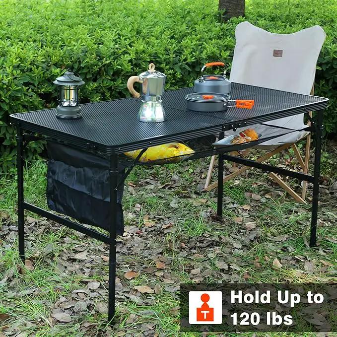 Folding Grill Table, 4x2 FT Portable Camping Table, Lightweight Height Adjustable Metal Tables with Mesh Desktop and Mesh Bag, Outdoor Tables for Camping, Picnic, Beach and BBQ, Black by GreenHaven Gardens