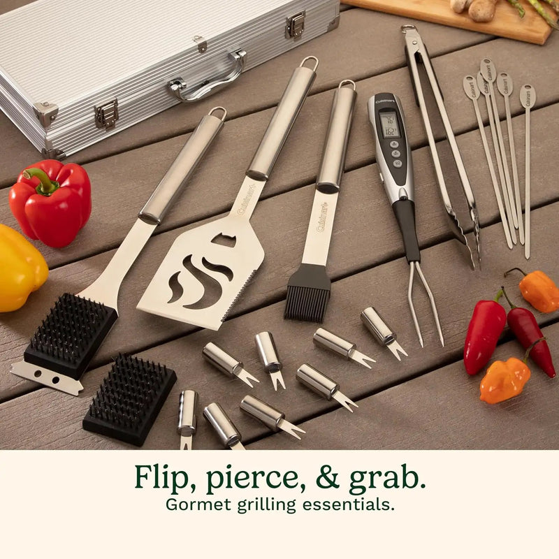Cuisinart Deluxe Grill Tool Set, 20-Piece Grill Tools BBQ Accessories with Aluminum Case & Digital Temperature Fork, Spatula, Tongs, Stainless Steel Grilling Accessories, Grilling Set for BBQ