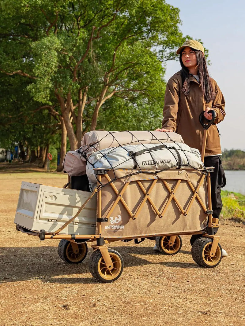 Whitsunday Collapsible Folding Wagon with Table,Heavy Duty Utility Beach Wagons with Opened Tailgate and All-Terrain Wheels for Camping,Garden,Sports Khaki by GreenHaven Gardens