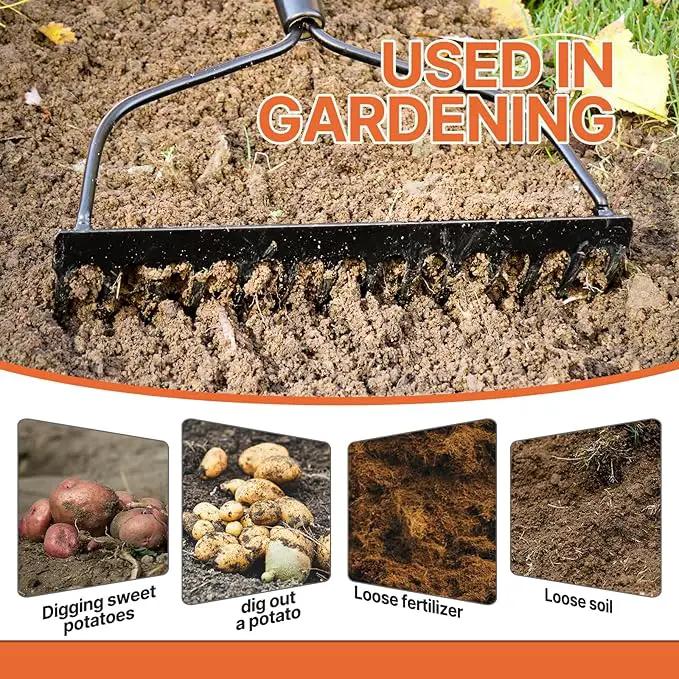 Garden Rake Heavy Duty with Orange Fiberglass Handle - 14-Tooth Metal Yard Hard Rake for Gardening, Farming, and Yard Work ,57 Inch by GreenHaven Gardens