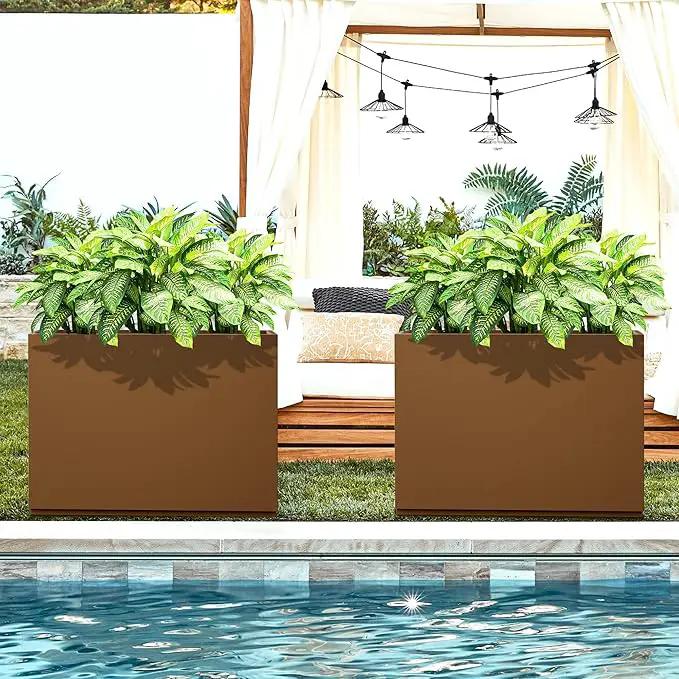 FENCY Metal Rectangular Planter Box for Outdoor - Large Planters with Drainage Holes (35.4" L x 9" W x 25.6" H, Brown) by GreenHaven Gardens